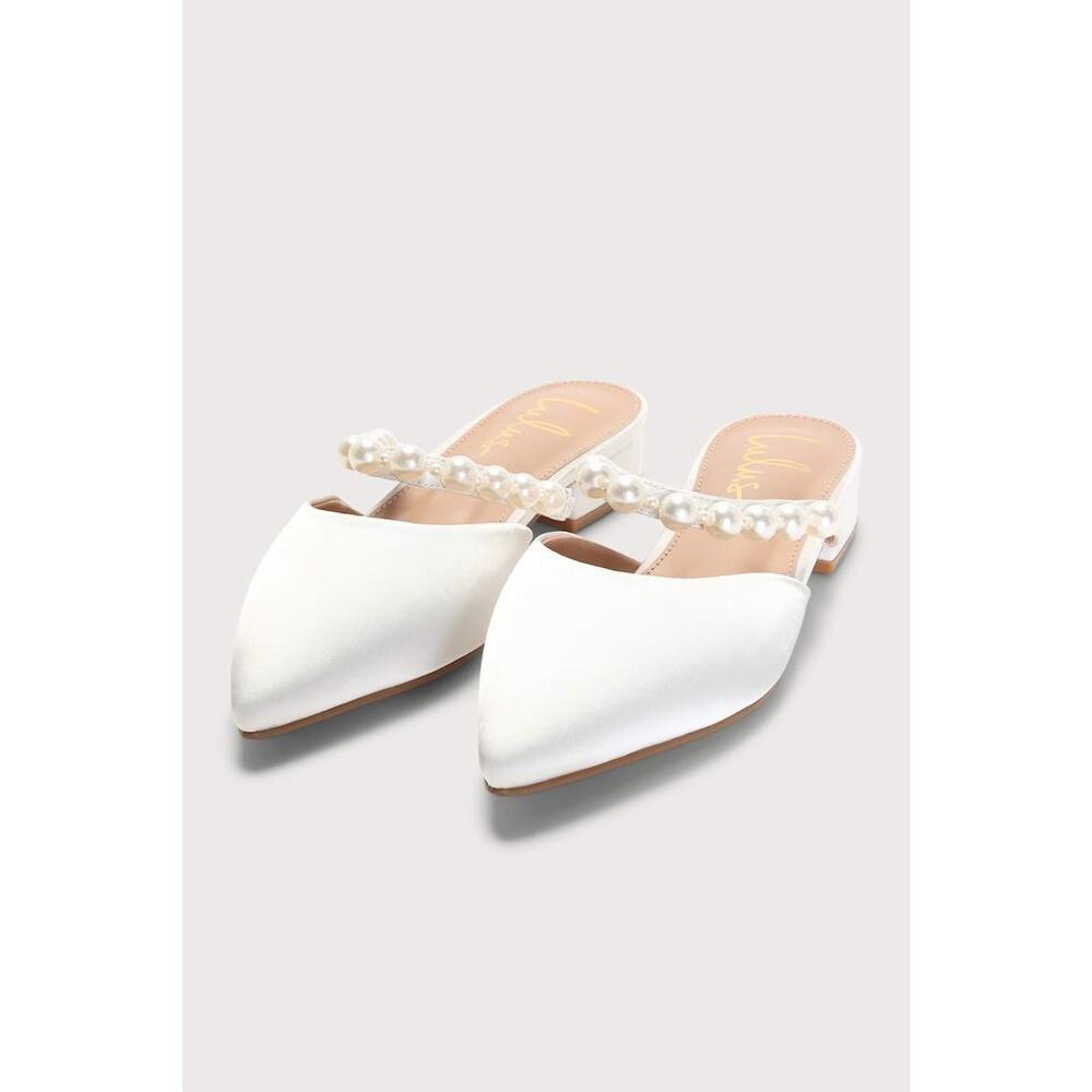 Lulus White Satin Pearl Pointed-Toe Mule Slides size 9 Bridal wedding bride - Picture 2 of 8
